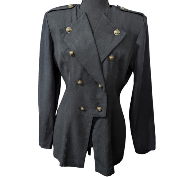 Vintage 80s Black Military Blazer Gold Buttons Power Suit Jacket Structured - Picture 9 of 16